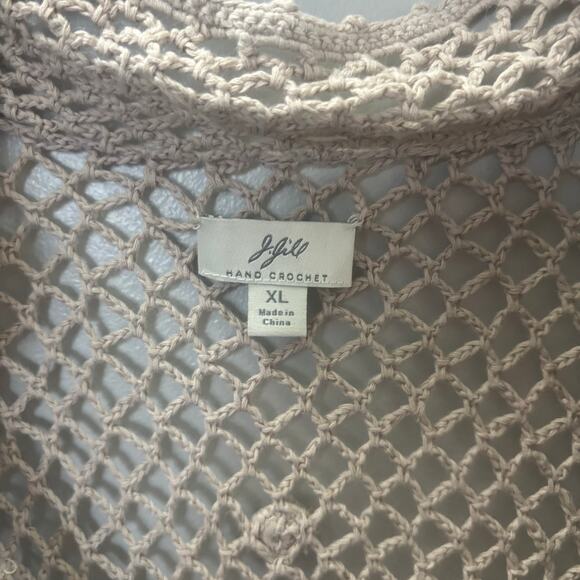 J.Jill Women’s Hand Crochet Sweater Open Cardigan Beige Linen Boho Knit XL - Picture 10 of 12